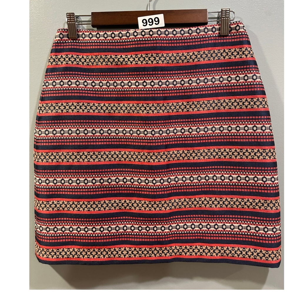 Loft Women Navy Red Geometric Tribal Stripe Jacquard Mini Skirt Size 4
